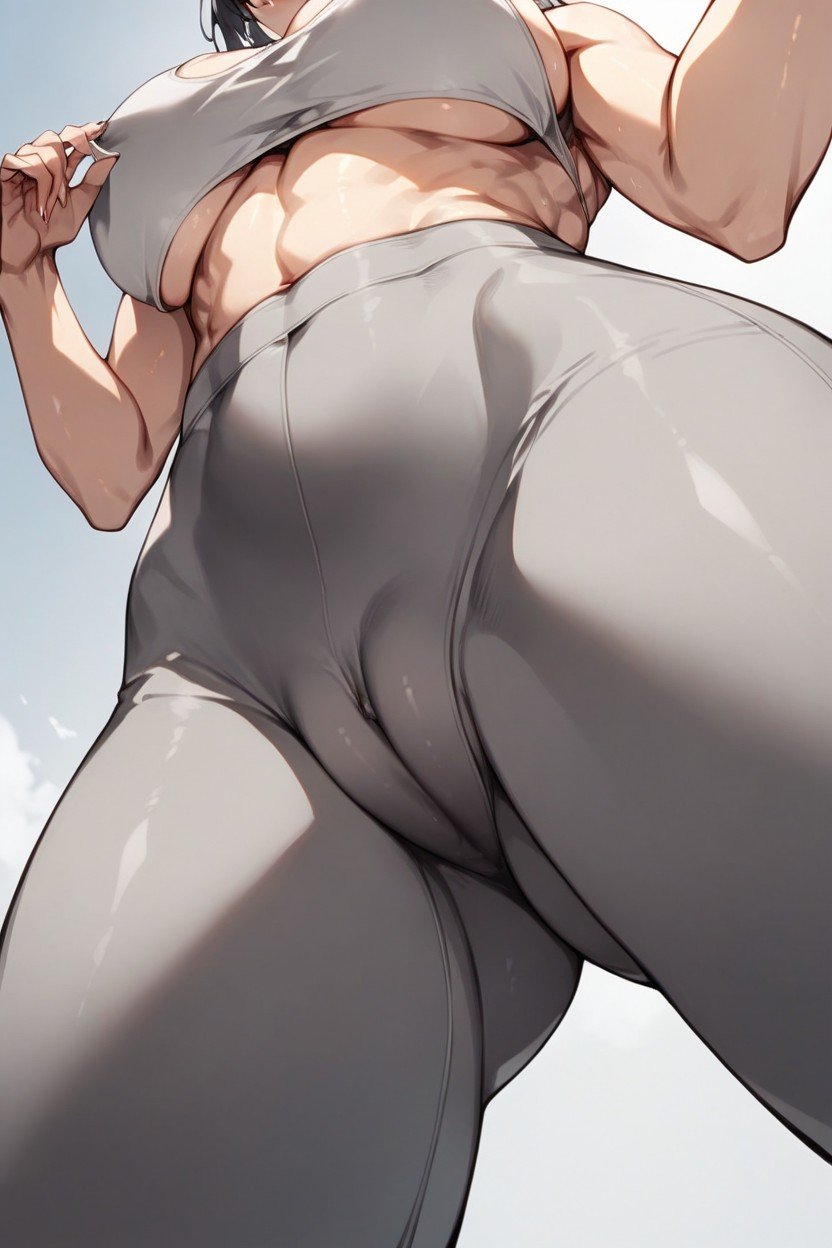 Bottom View, Massive Camel Toe, Gray Yoga PantsニューハーフAIポルノ