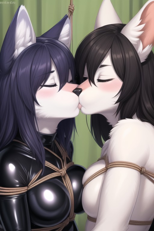 Girls Kissing, Latex Gloves, 2 People Furry AI Porn