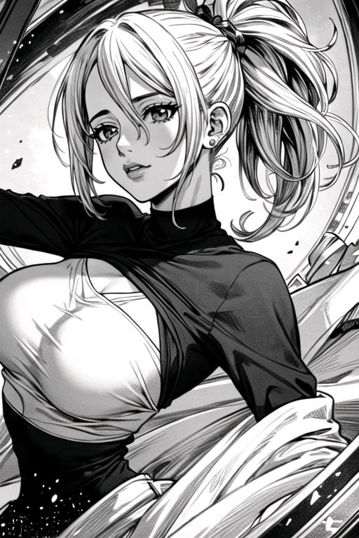 Chelsea From Dr Stone, Manga (blanco Y Negro), With Pieces Of Hair Sticking Out In Front Of Her Ears She Has WidePorno AI