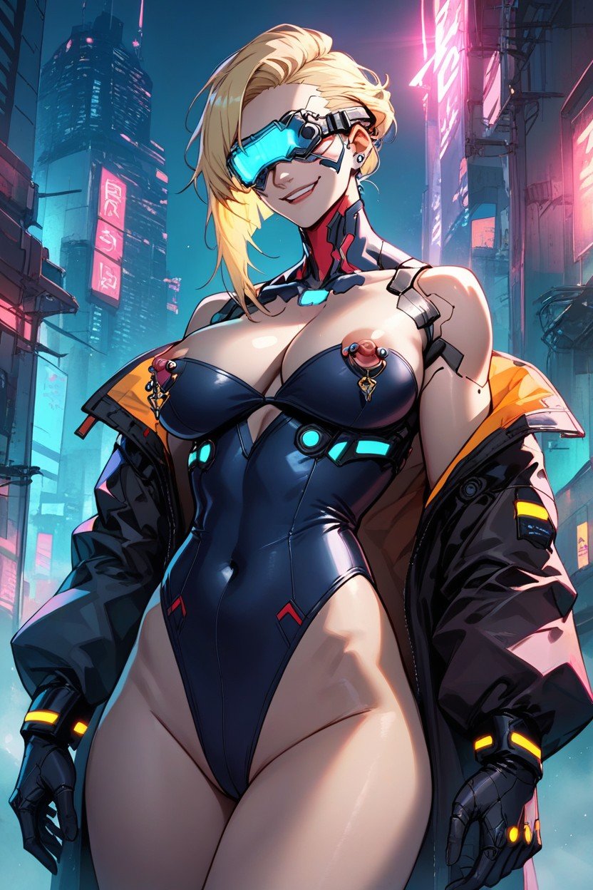 Leotard, Cyberpunk, Japanese Straight Hair Blonde Hair Cyberware Furry AI Porn