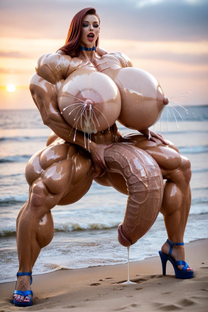 Excessive Muscle Size And Striation, Plump Full Hyper Tits, Meter Length Super Hyper Cock Shemale AI Porn