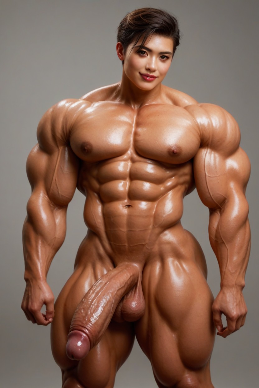 Oiled And Shiny, Asian, Man Ft Tall Shemale AI Porn