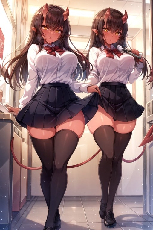 Ft Tall, Wearing Thigh Highs Wearing School Uniform, Red Skin Hentai AI Porn