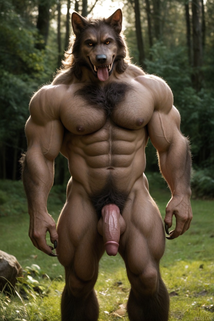 The Werewolf Penis Is Red, Hairy Chest And Abdominal Muscles, Smiling Mouth Open AI Gay Porn