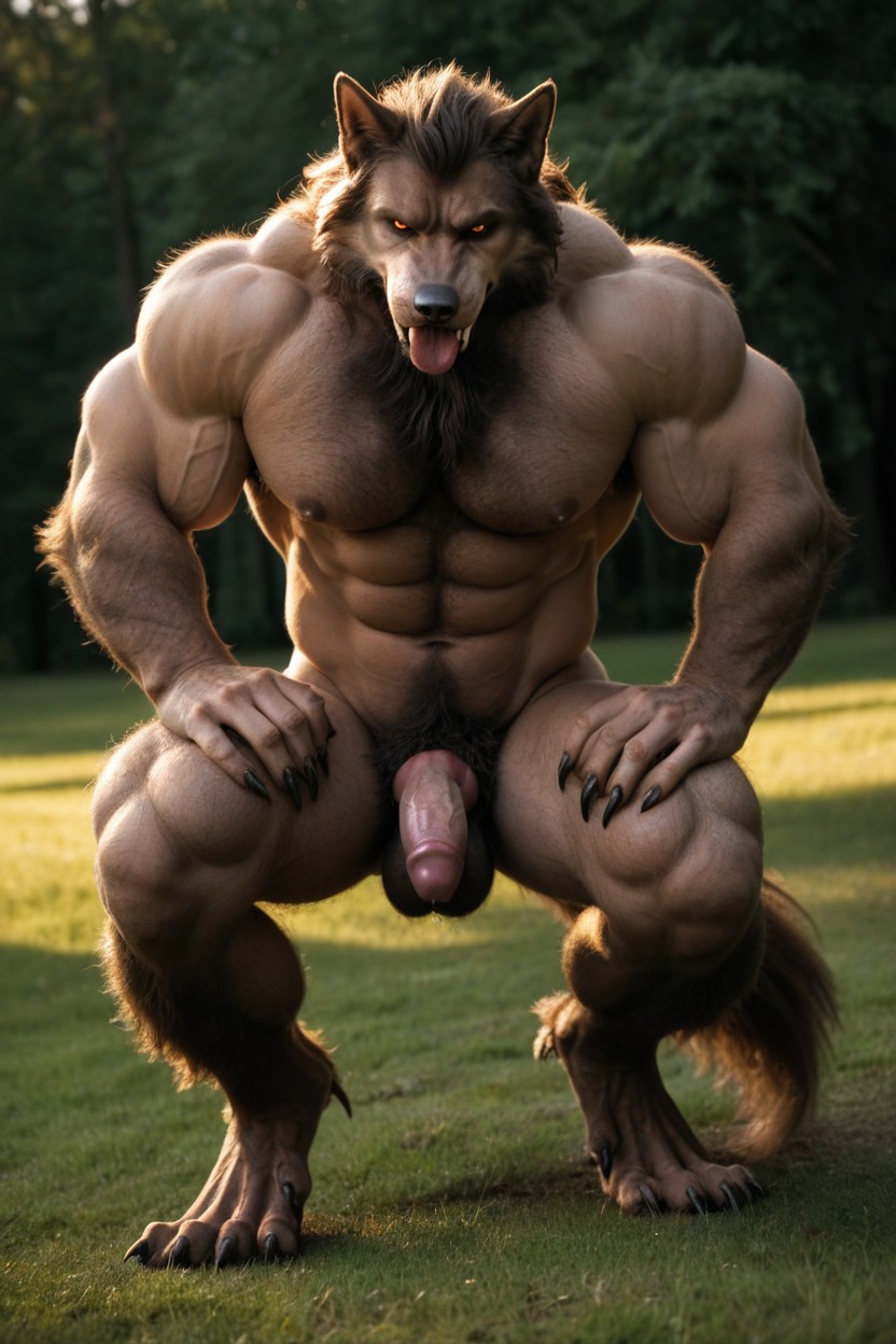 Muscular Werewolf, And Moist Human Has A Hand On The Werewolfs Penis, The Werewolf Penis Is Red AI Gay Porn