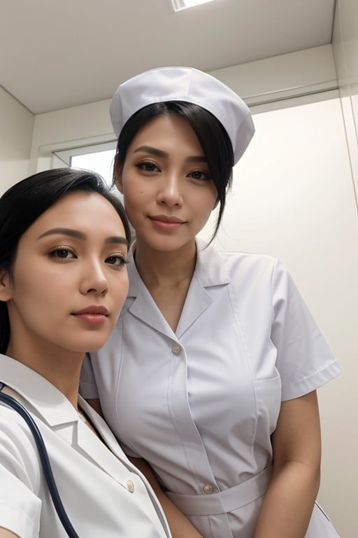 ナース, Close Shot Of A Big White Penis Pointed Down Against The Head Of A Filipina Nurse, 正面図ファーリーAIポルノ