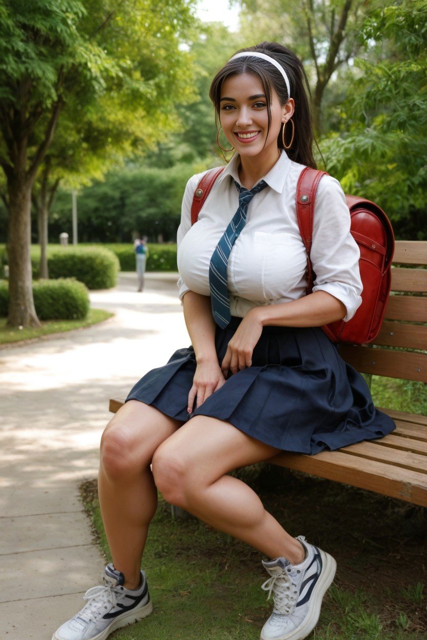 巨乳, Woman Sitting On A Bench In The Park, 小姐姐人妖AI色情