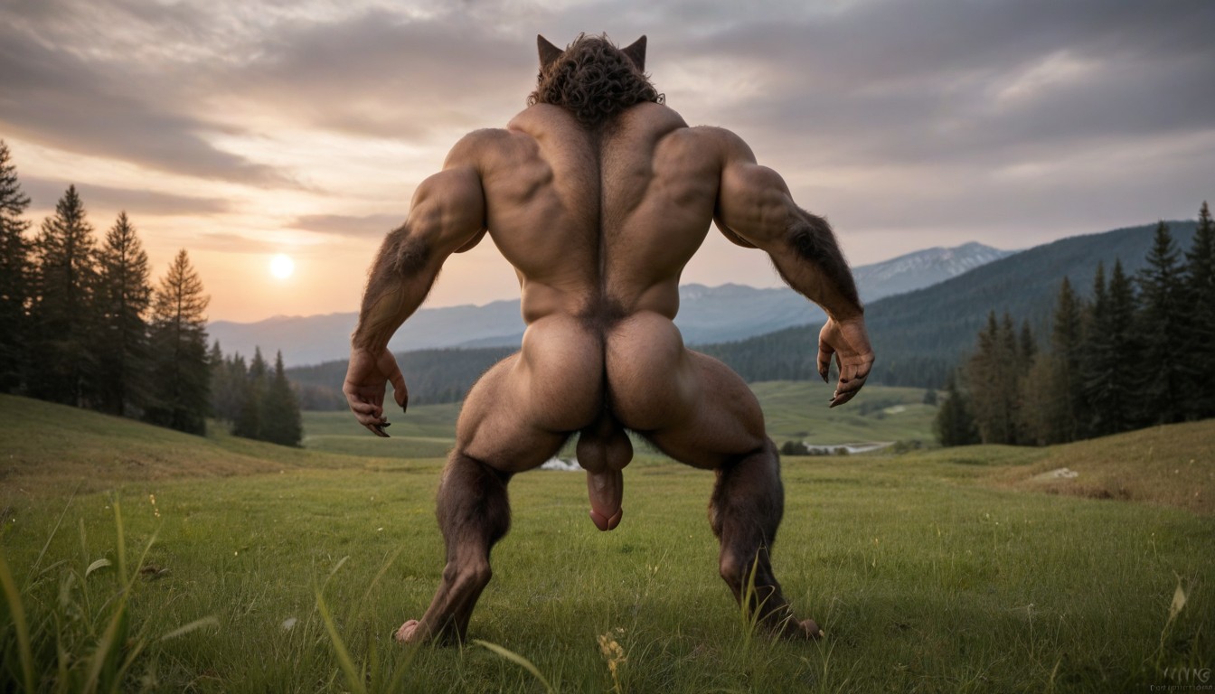 Backlit, Werewolf Has Massive Bulging Hairy Chest Muscles, Werewolf AI Gay Porn