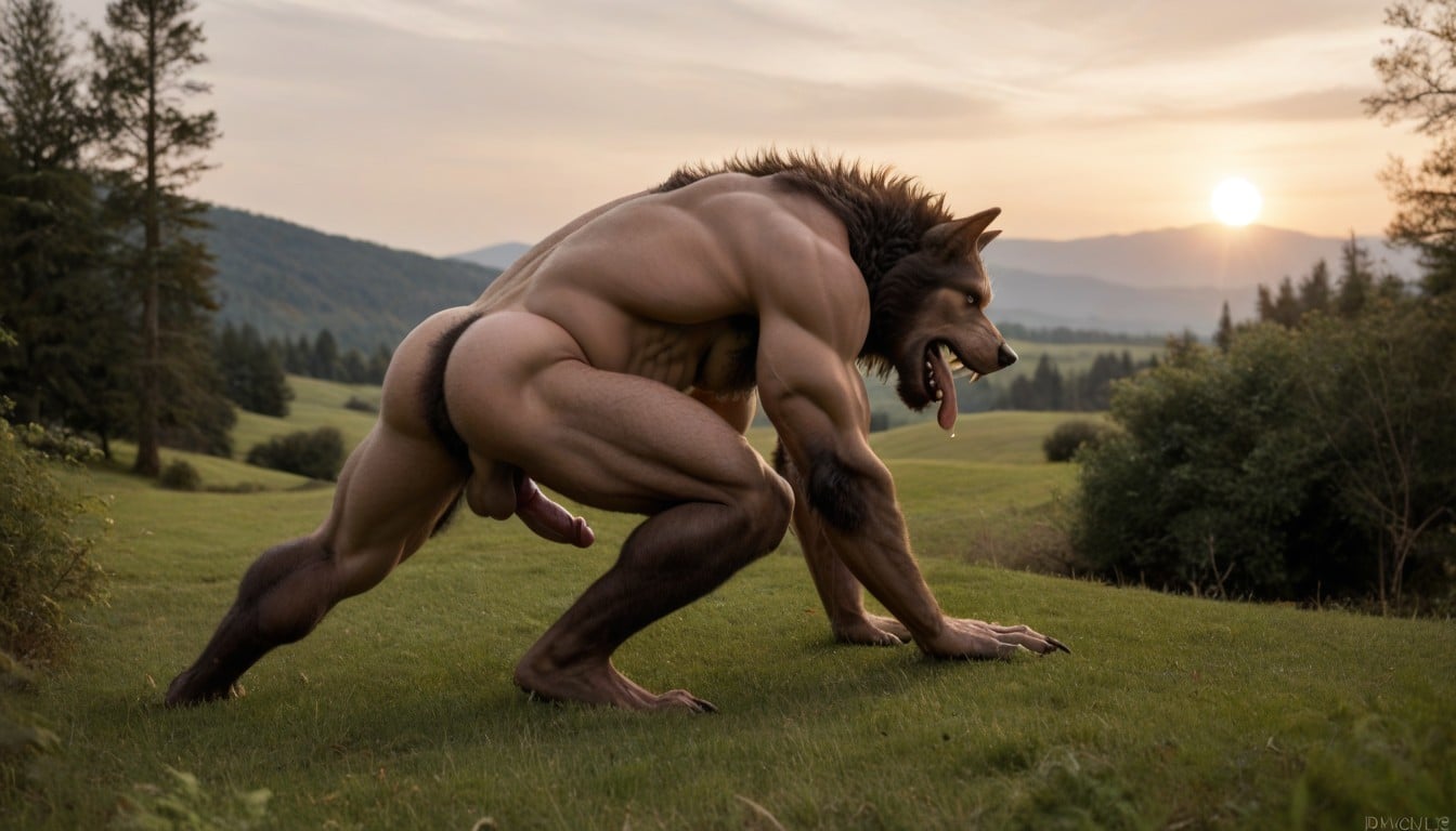 Dawn, Werewolf Body Is Covered With Light Brown Fur, And Moist Human Has A Hand On The Werewolfs Penis AI Gay Porn