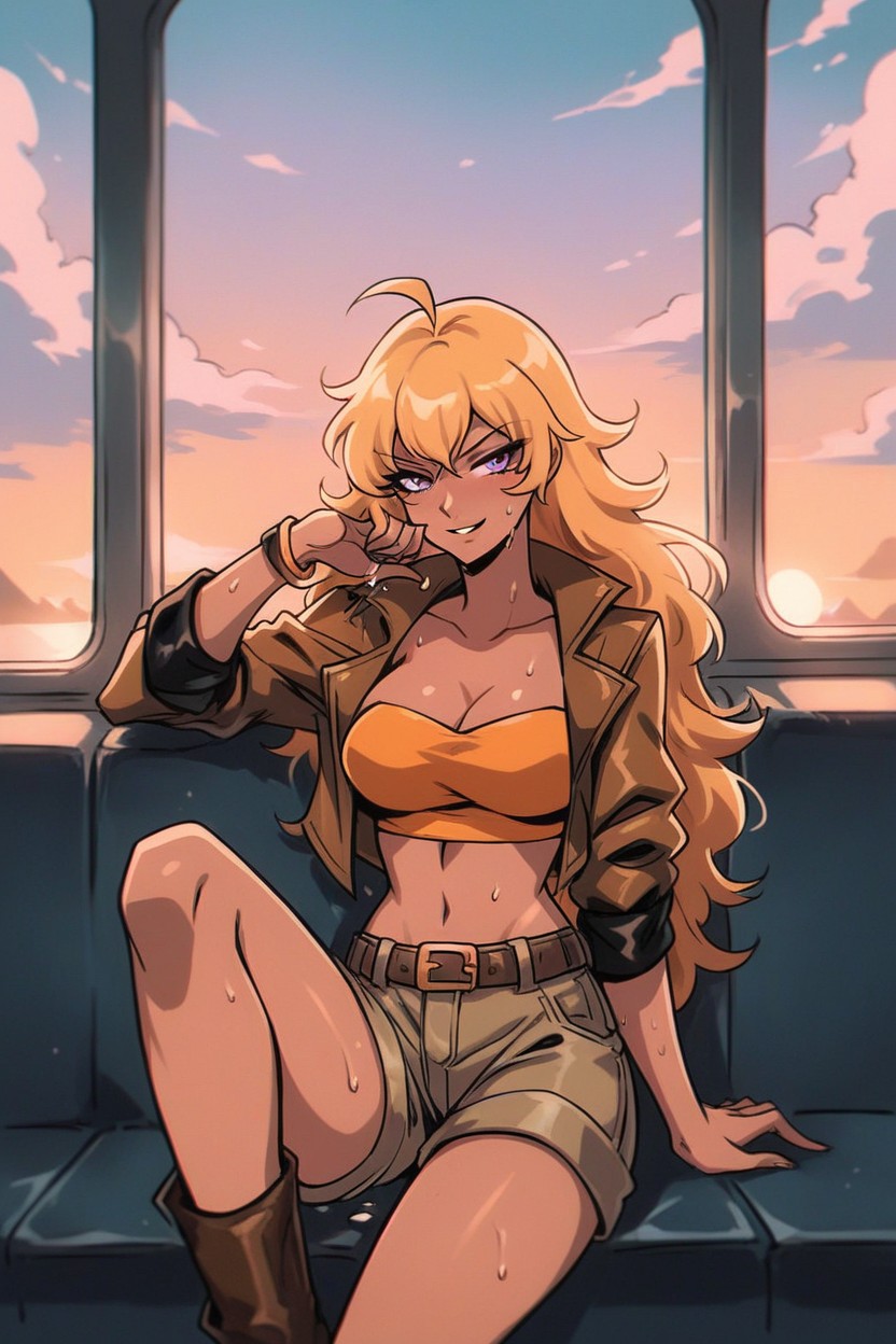 Yang Xiao Long From Rwby, Brown Sleeved Cropped Jacket, Yang On Knees AI Gay Porn