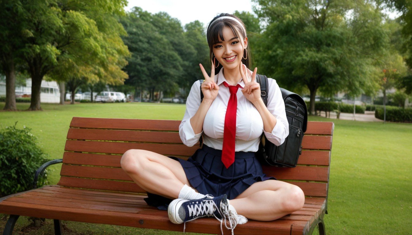 Cheveux Noirs, Woman Sitting On A Bench In The Park, FrançaisePorno IA transsexuelle