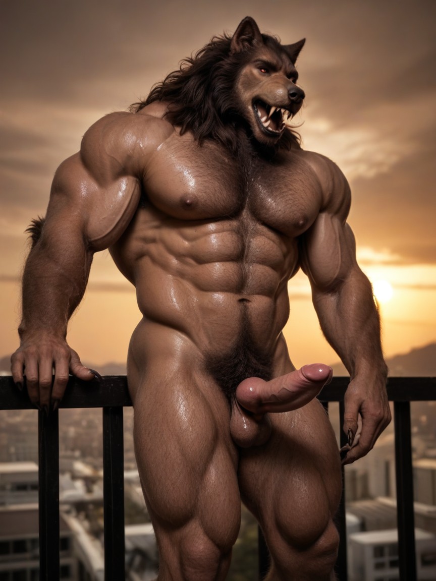 Balcony, Grinning, Muscular Werewolf AI Gay Porn