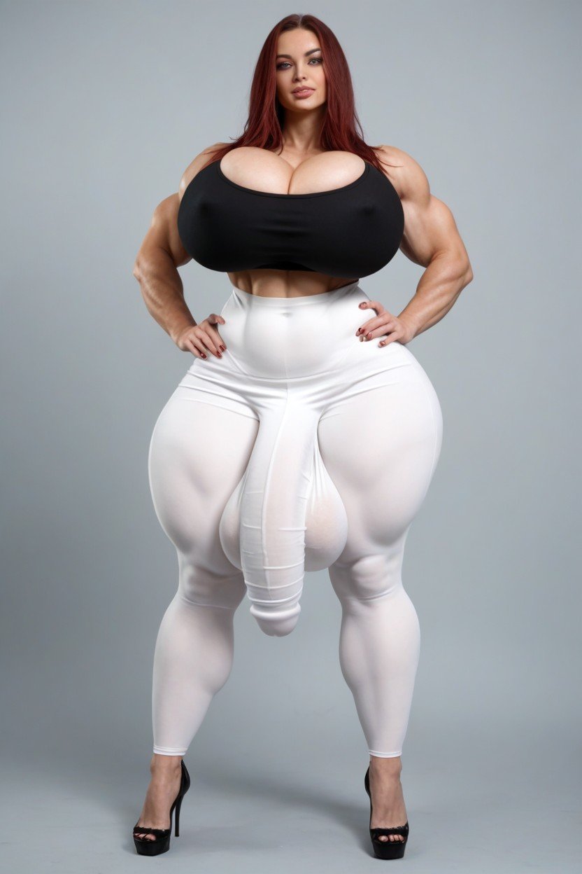 White Leggings, Muskulös, Highly Detailed Extra Huge Large Ballsack BulgeTransfrau KI-Porno