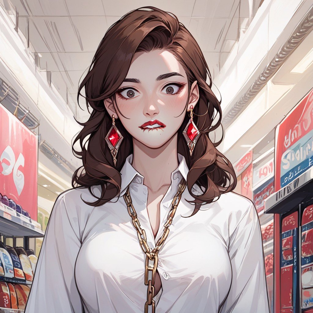 Red Lipstick Earrings In Her Ears, Dark Eyes, Black EyebrowsファーリーAIポルノ