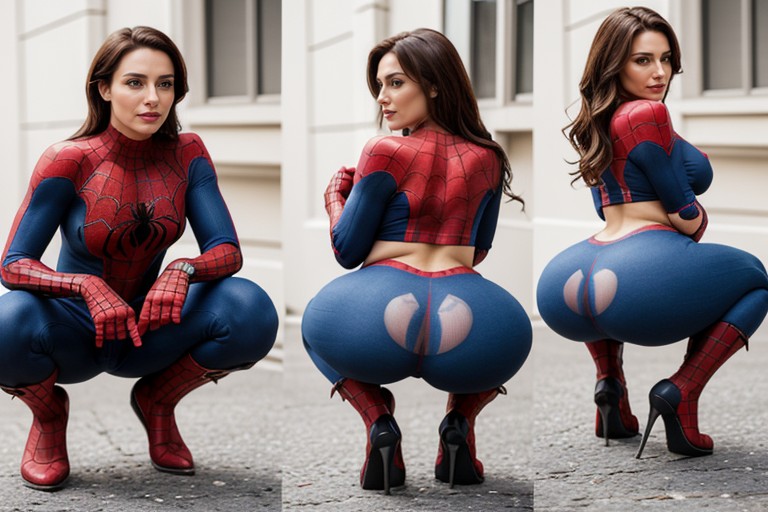 Squatting, Massive Ass, Antonella Aservi Classic Spiderman Red And Bright Blue Tight Cosplay Completly Clothed Furry AI Porn