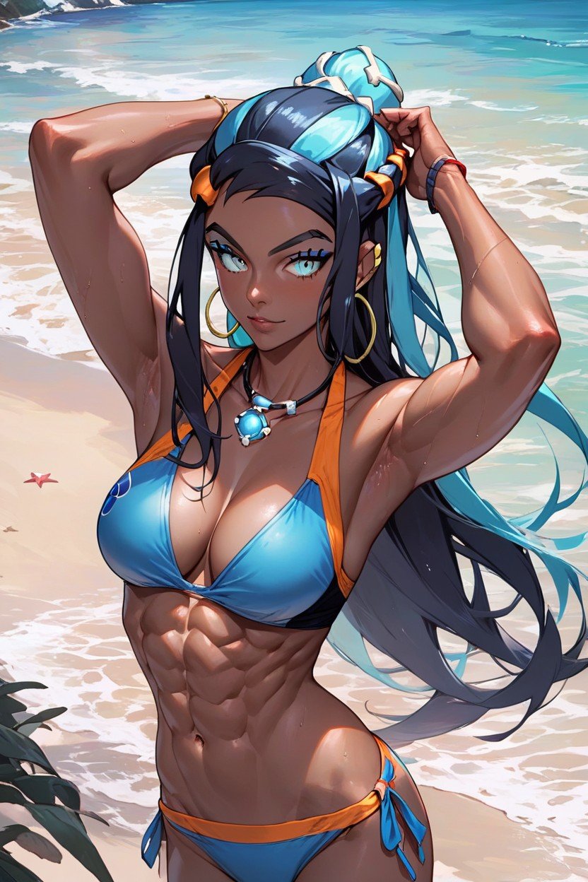 Plage, Blue Bikini, Nessa Rurina From PokemonPorno IA Hentai