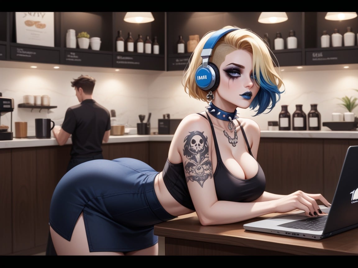 Rounded Shoulders, Frame, Blue Headphones Hentai AI Porn