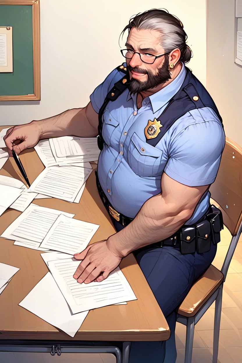 Sfw, Chubby Ugly Old Man With Full Beardsitting Behind Large Table, Picture Of Cassie Cage Picture On Desk Pornografia peluda com IA