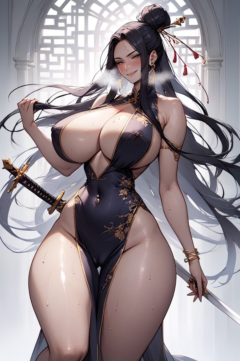 Massive Breasts, 乳溝, Gigantic Hair BunAI黃漫