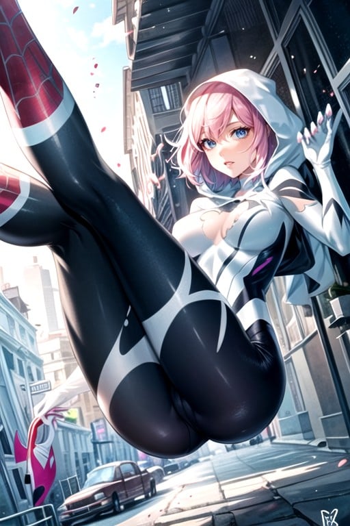 Spider-gwen Has Superhero Costum With Hood, Spider-gwen, Spandex RippedPorno IA