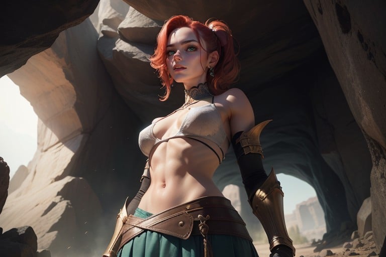 One Woman One Woman Wasteland Fallout Vault Red Hair Ponytail Eye-patch Green Eyes Shirtless Ripped Skirt Sword, Caverna, Luvas De Armadura Pornografia de IA