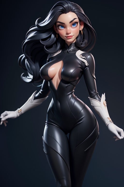 Curvy Hips, Black Body Suit, Long Dark Black Hair AI Porn