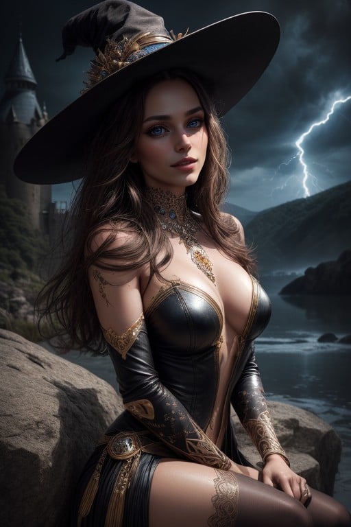 A Beautiful And Powerful Mysterious Sorceress, Lightning Magic, Detailed Leather Clothing With GemstonesPorno IA