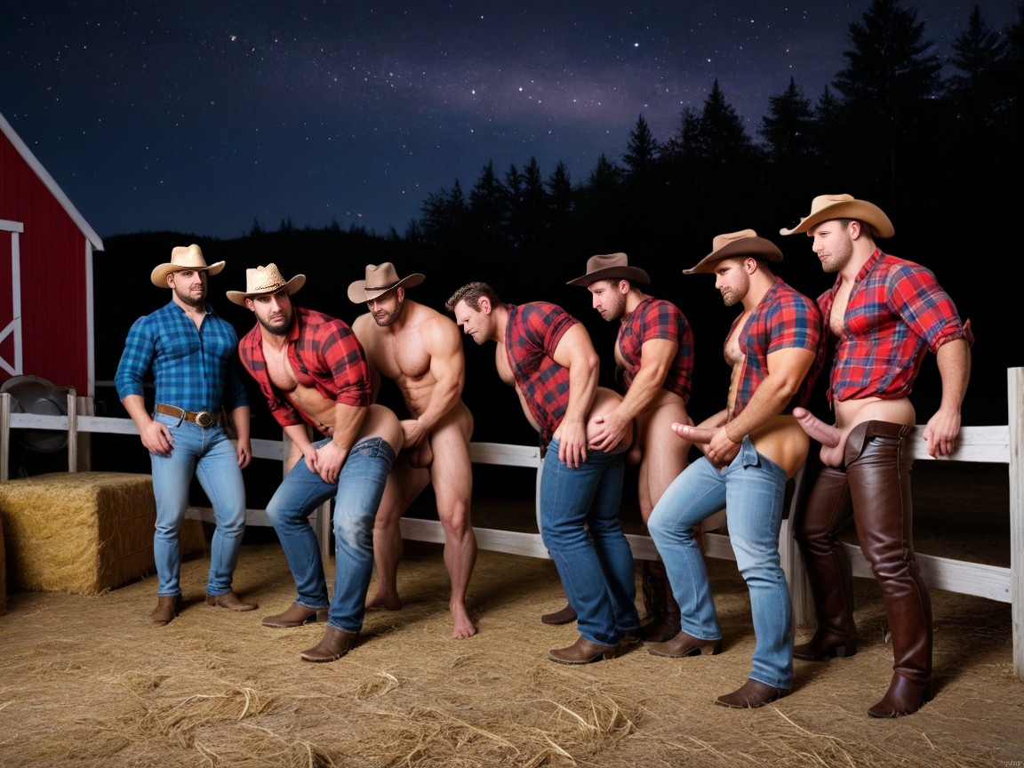 Bending Over A Fence, Cowboy Hat, Night AI Gay Porn