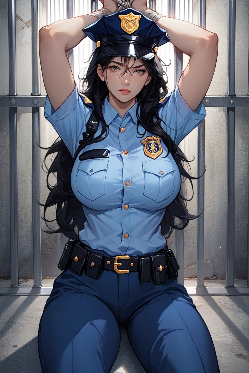 Arms Up, Jail Cell, Black Hair Hentai AI Porn