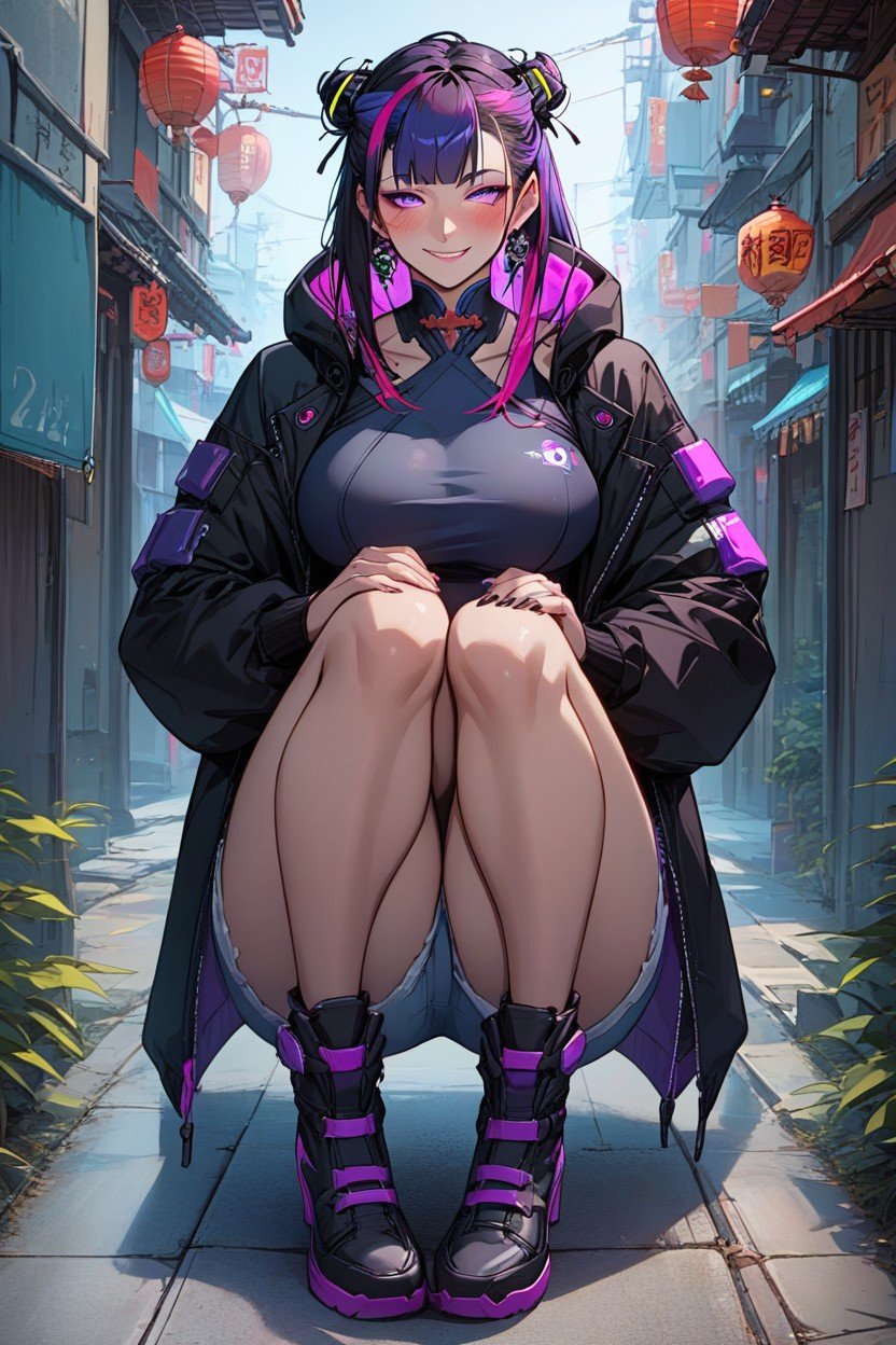 18+, Female With Tits Wearing A Cyberpunk Black Hoodie, いたずら好きファーリーAIポルノ