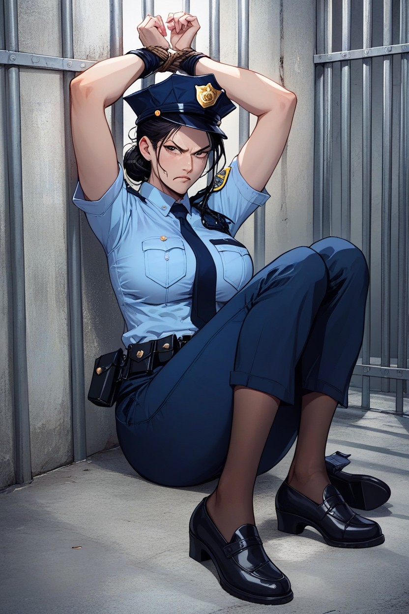 Police Costume, Black Hair, Hair Bun Hentai AI Porn