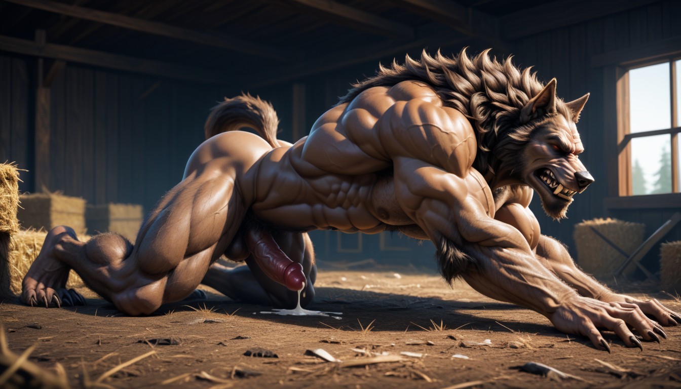 Hairy Scrotum, Werewolf Has A Red Shiny Veiny Werewolf Knot That Is Fully Visible, Clenched Teeth AI Gay Porn