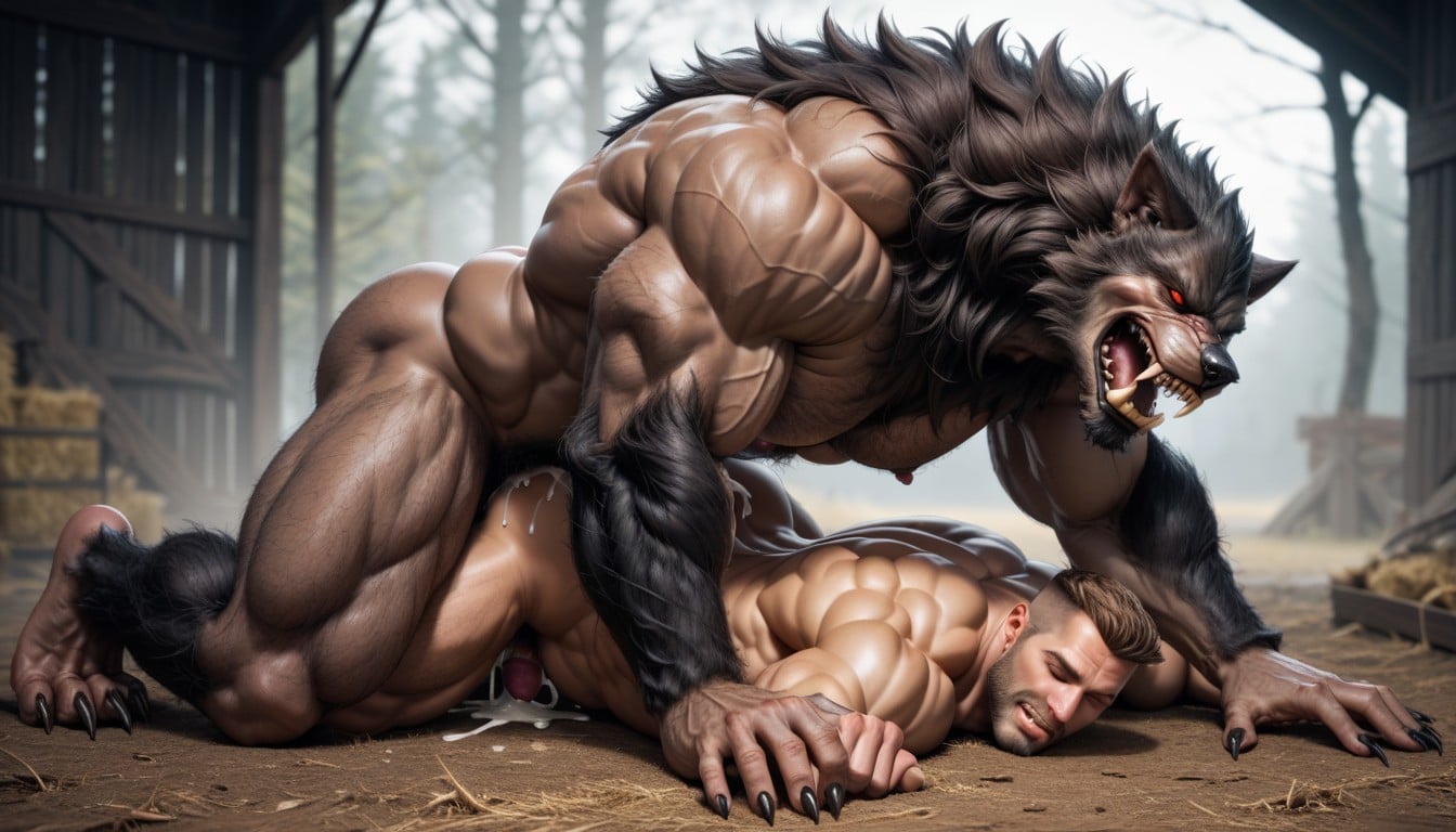 Clenched Teeth, Cum Dripping From Werewolf Has Shiny Red Werewolf Knot Out Of Its Hairy Sheath, Muscular Werewolf AI Gay Porn
