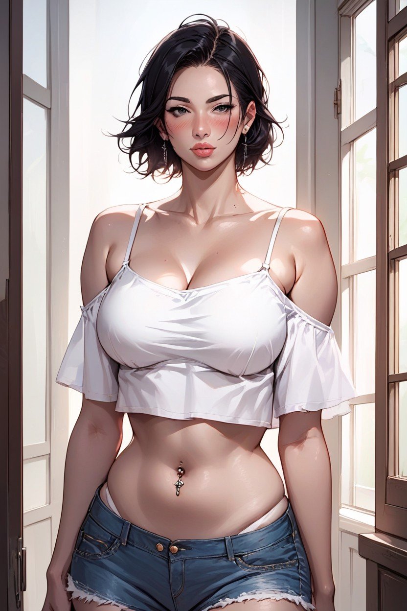 ベリーショートヘア, Large Round Dark Black Eyes, Navel PiercingAIポルノ