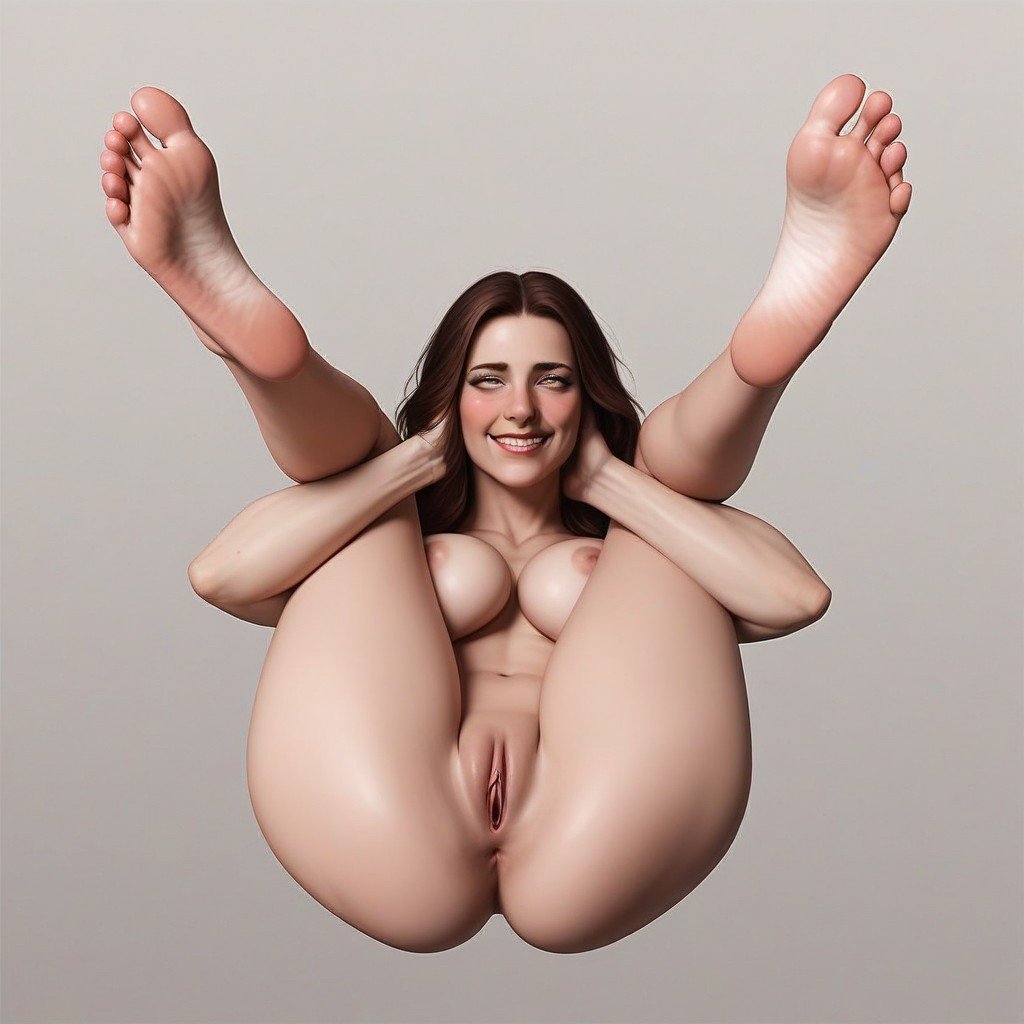 Soles Of Feet Showing, Blank Plain Background, Holding Herself In A Full Nelson Pornografia de IA