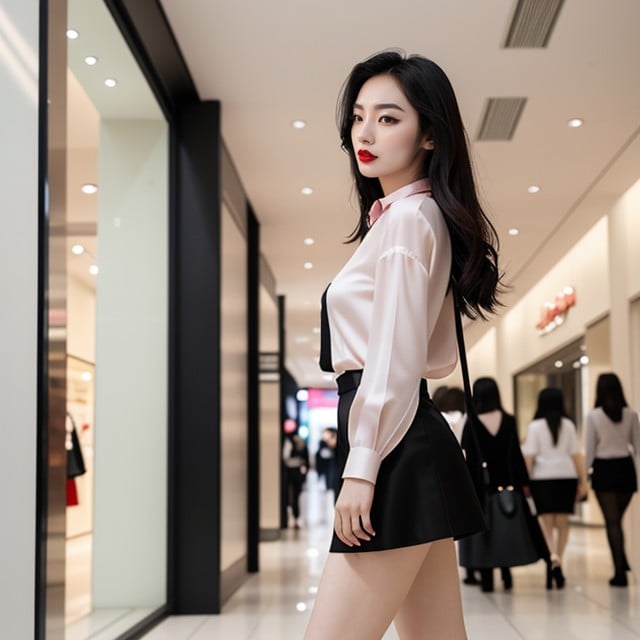 마른 체형, White Silk Blouse, Full Length헨타이 AI 포르노