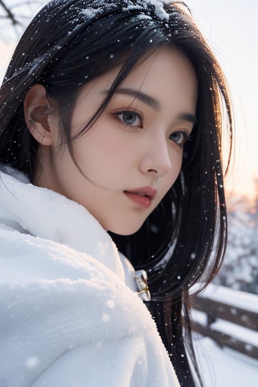 Black Hair, Snowing, Wide Angle AI Porn