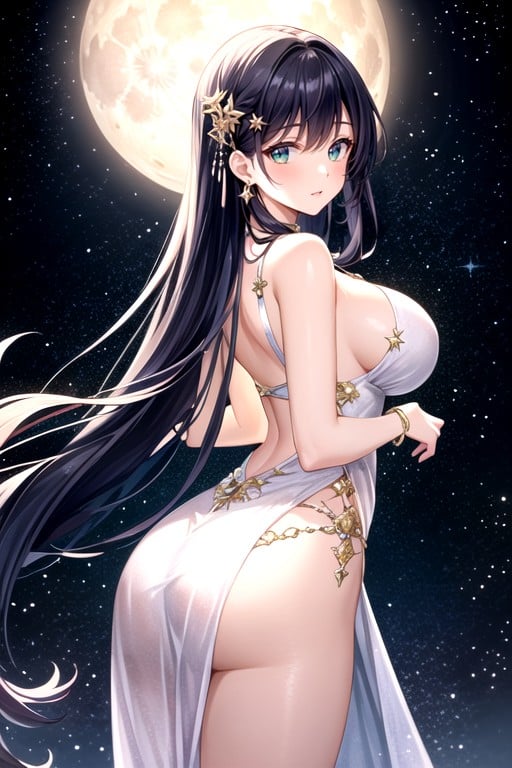 Create A Anime Style Image Of An Extraordinarily Beautiful Woman Named Aiko, Silky Hair That Flows Down Her Back In Deep Blue And Lavender Hues, Enhancing Her Graceful Neck And Wrists The Background Features A Dreamy Night Scene With A Luminous Full Moon And Twinkling StarsPorno IA transsexuelle