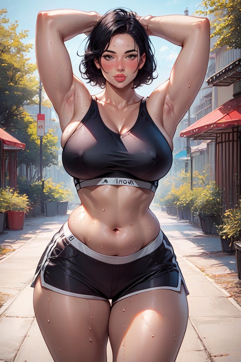 Extremely Slutty Low Black Gym Shorts, Thick Thighs, Arms Up StretchingAI兽人黄片