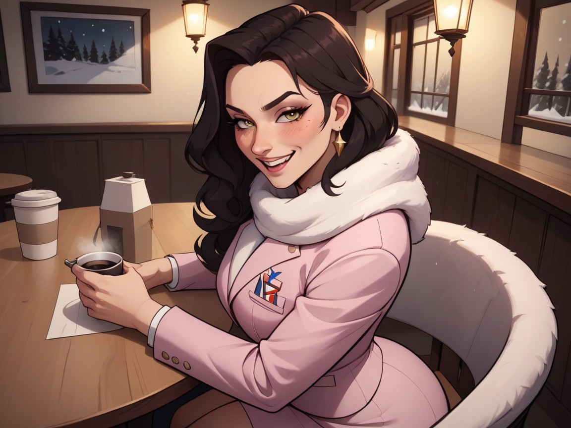 Snowing, Sitting Down, White Fur Scarf AI Porn