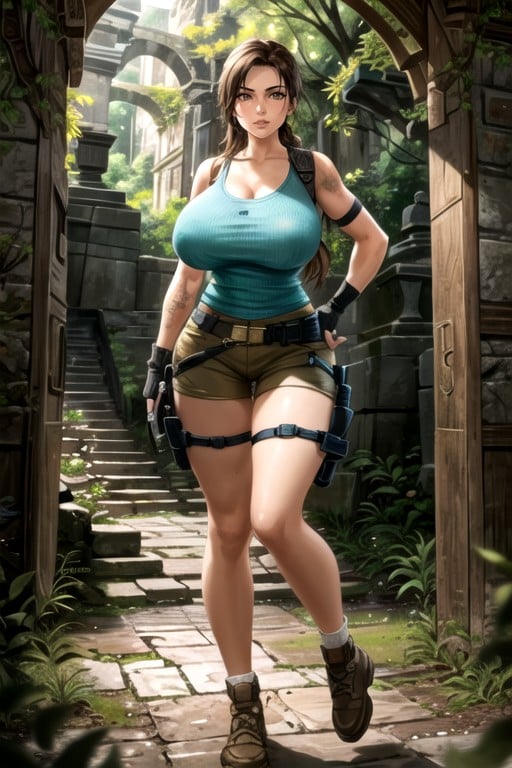 Lara Croft (tomb Raider), Round And Clean Pussy, Green Around The Shoulder Strap TopPorno AI Hentai