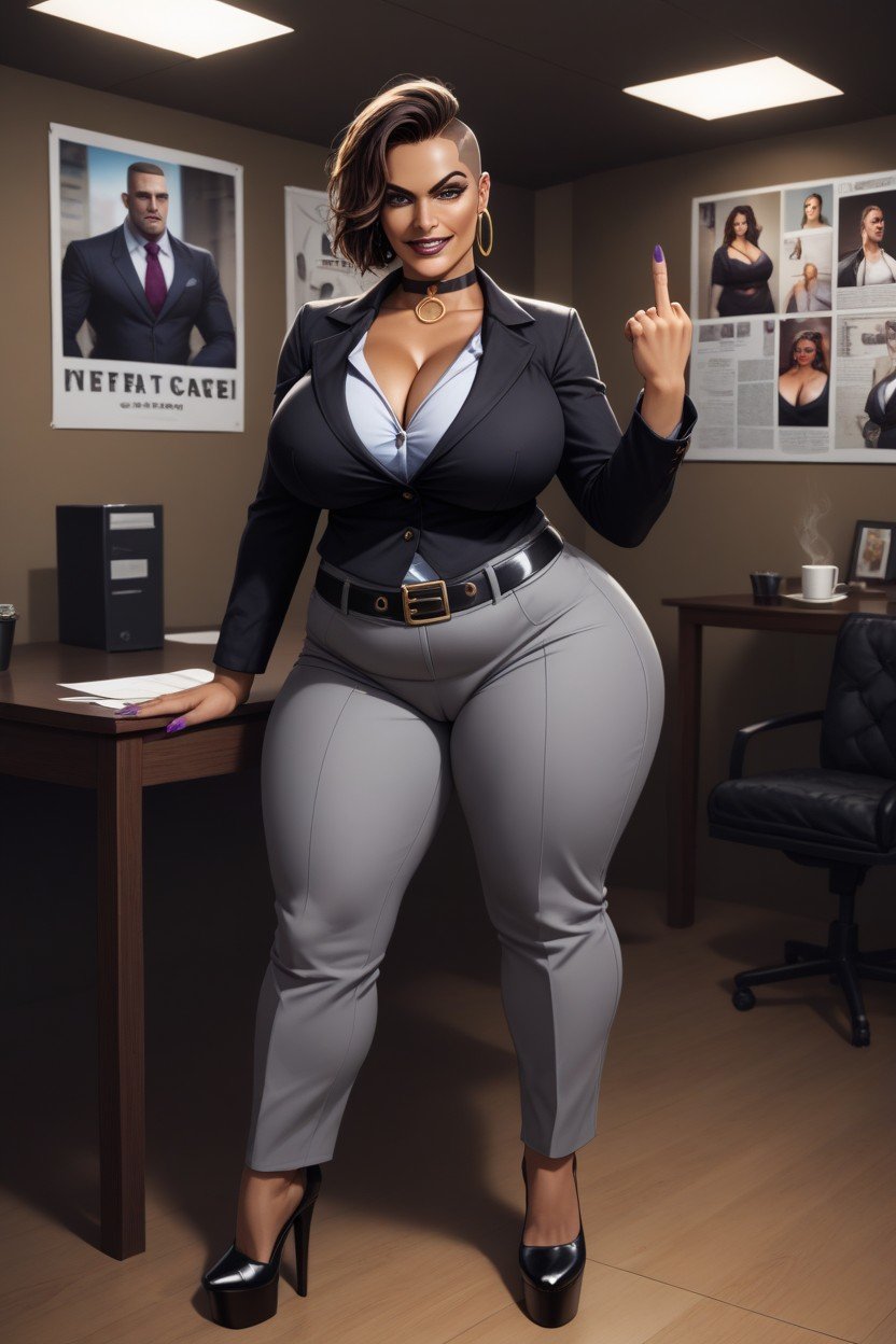 Hoop Earrings, Wearing Office Shirt With Grey Suit And Grey Pants Standing In The Bank Office, She Uses A Refined Toilet With Makeup Voluptuous Body Figure AI Porn