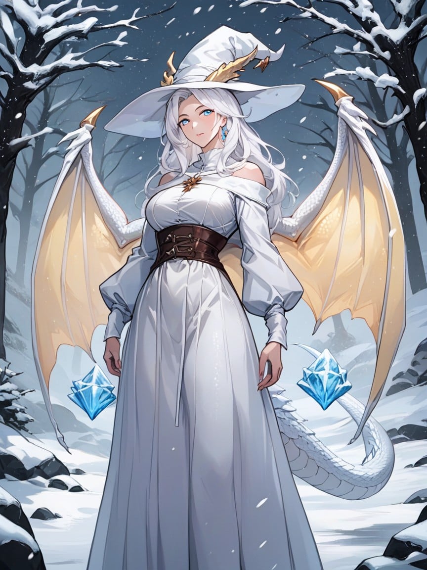 Big Golden Dragon Wings, Casting An Ice Spell, White Dragon Tail Pornografia peluda com IA