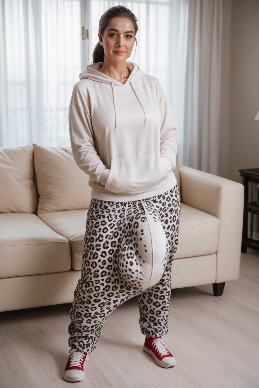 Trying To Hide Throbbing Cock, White Leopard Print Sweatpants, Bubble ButPorno IA de transexuales