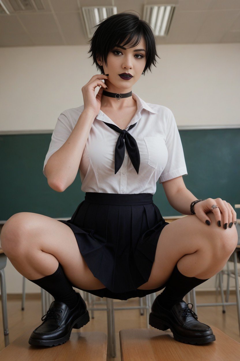 Skirt, Japonesa, Cabelo Muito Curto Travesti IA Pornô