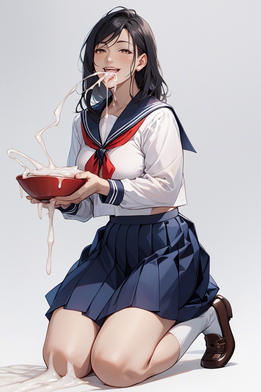 黒髪, Holding A Bowl Close To Mouth, White SocksAIポルノ