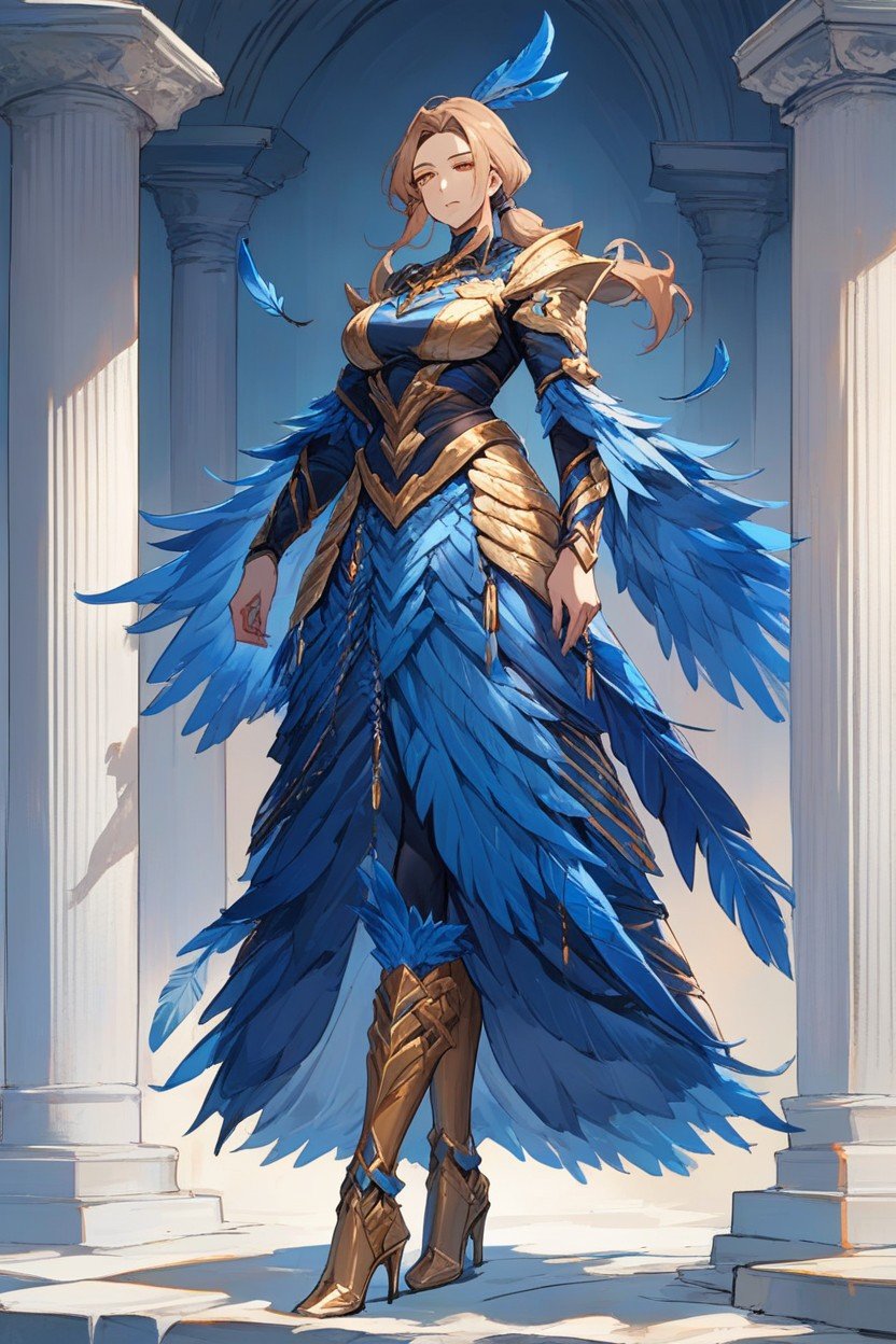 Golden Diadem With Blue Feathers, Skinny, Blue Feather Dress Furry AI Porn