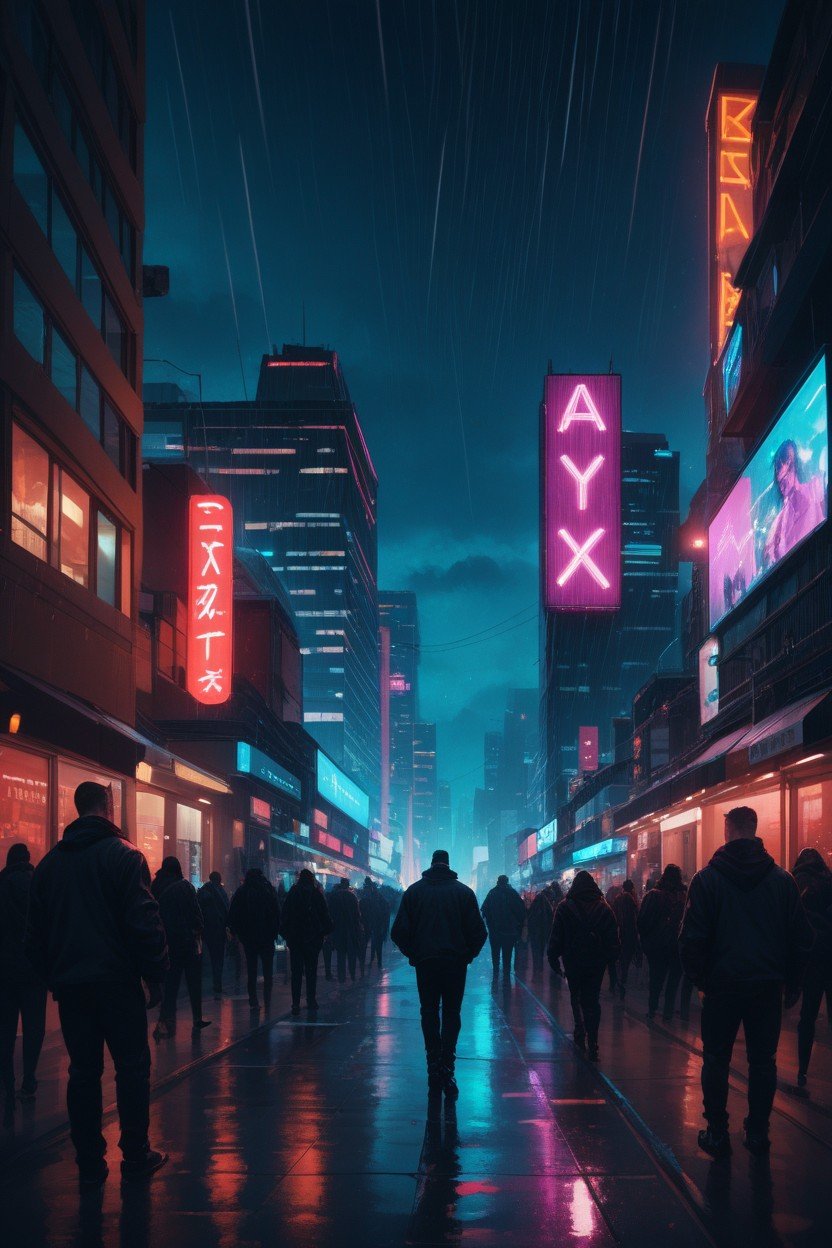 Scenery Of A Cyberpunk City At Night With Billboards And Neon Signs Rain And People In The Street AI Porn