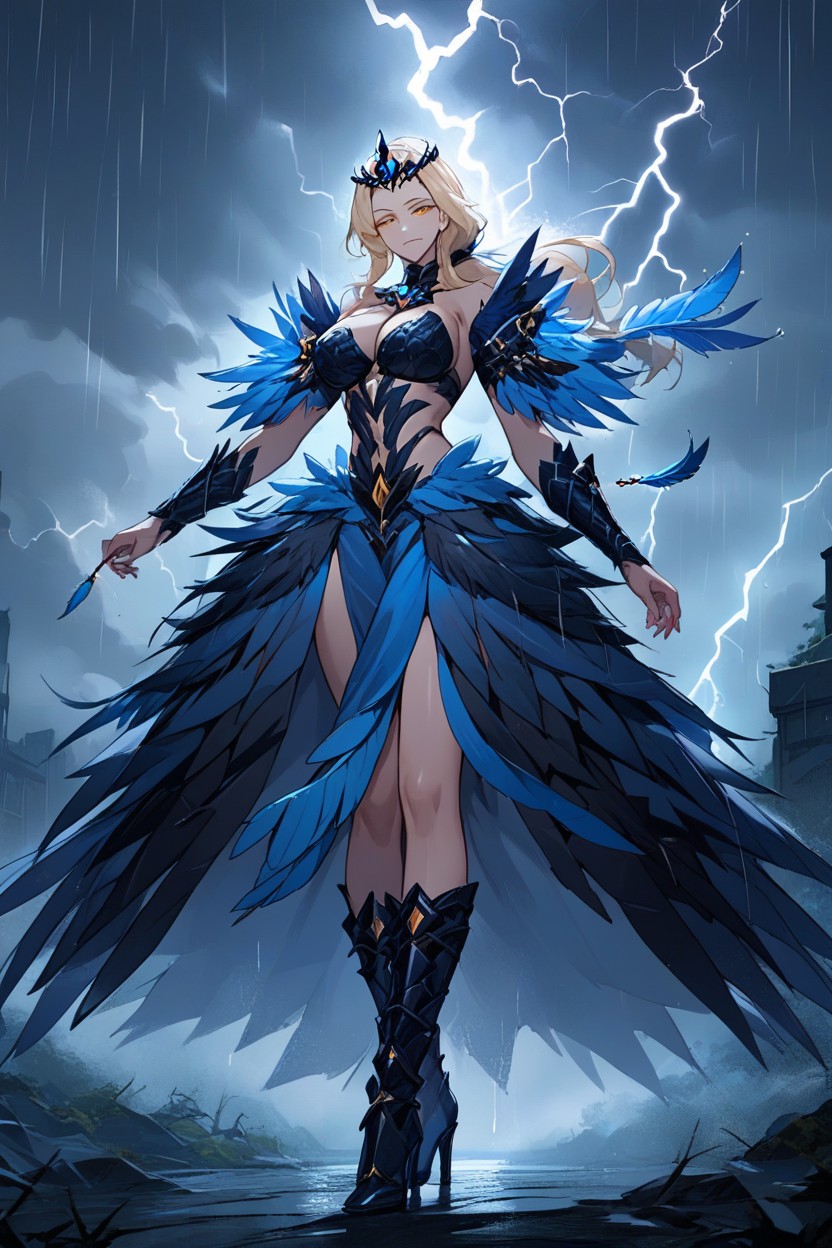 Blue Feather Armor, Revealing Clothes, Blue High Heel Feather BootsAI兽人黄片