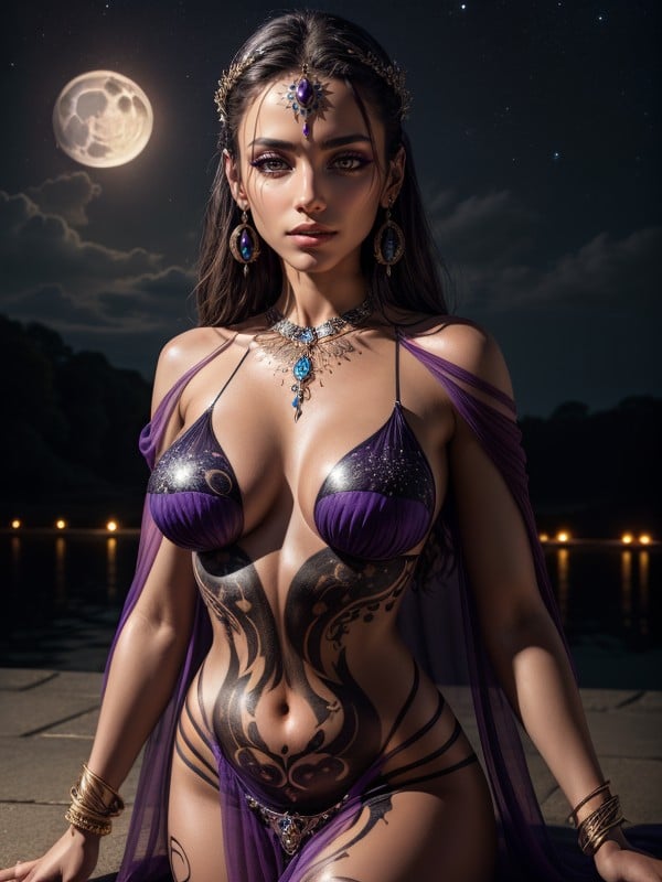 Wearing Silver Jewelry And Piercings, Beautiful Moon Goddess With And Narrow Waist, Purple Body PaintAI 포르노